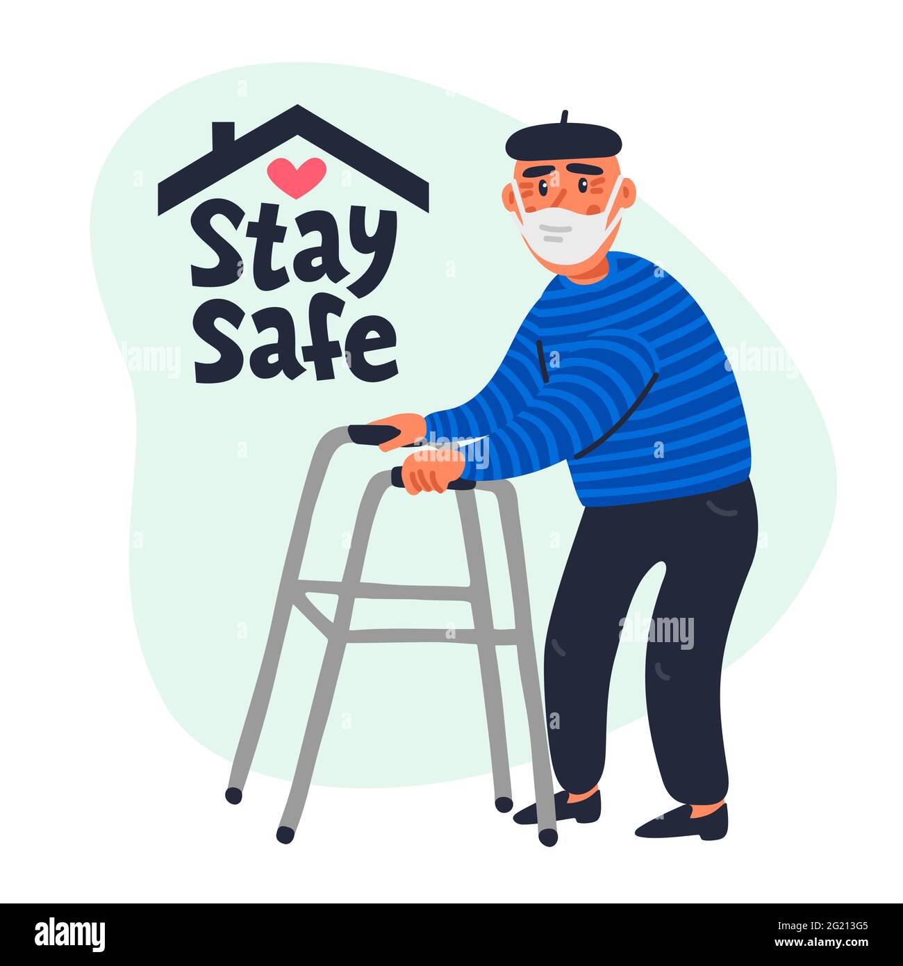 Senior patient protection, stay safe concept. Social poster with An elderly man in a face mask. Simple flat vector vertical illustration Stock Vector