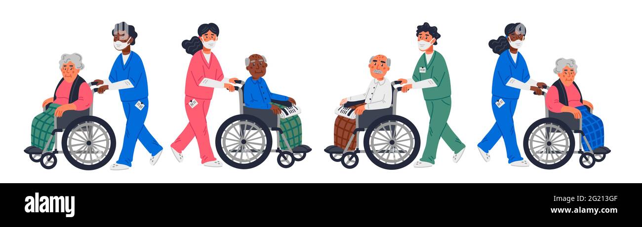 Senior patient. Elderly men women in wheelchairs and male or female nurses in face masks on a white background. Senior people protection, stay Stock Vector