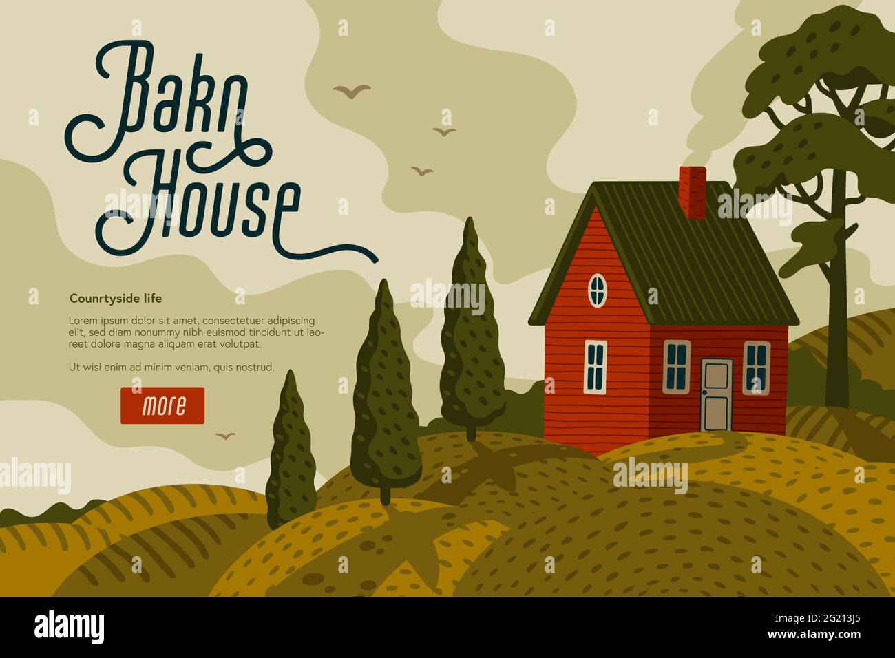 Red farmhouse. Rural landscape with Barn house in rustic style on a green field with cypresses. Vector illustration in flat cartoon style Stock Vector
