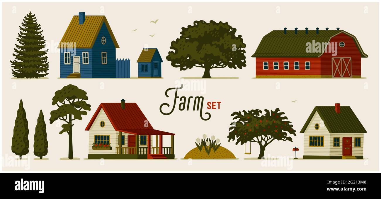 Farm set. Various Rural houses, barns and different trees. Vector illustration in flat cartoon style on light background Stock Vector
