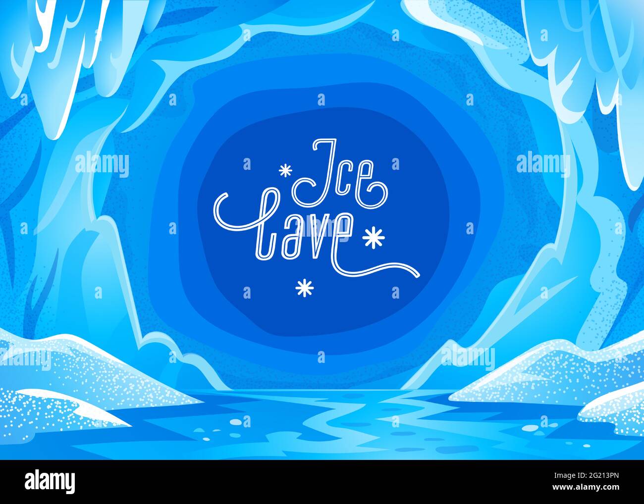 Ice cave landscape. Blue snowy winter background - Panoramic landscape with frozen icy cavern. Vector illustration in flat cartoon style Stock Vector