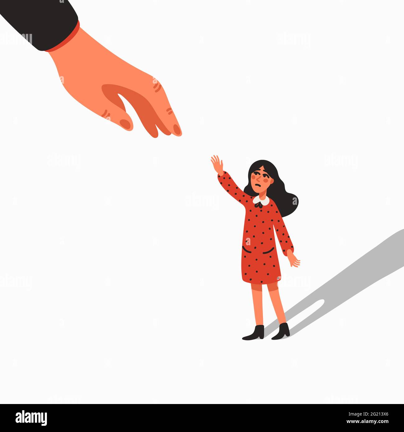 Helping hand. Empathy, help, and support - helping hand reaching out to woman. Psychological care. Vector illustration in flat cartoon style on white b Stock Vector