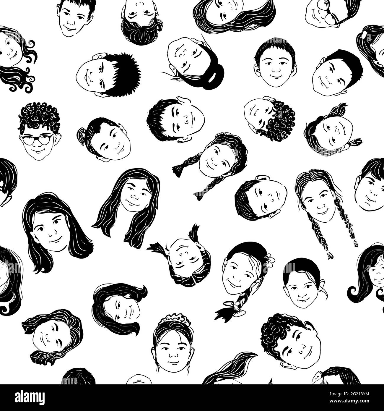 People faces seamless pattern. Monochrome print faces of children. Vector illustration Stock Vector