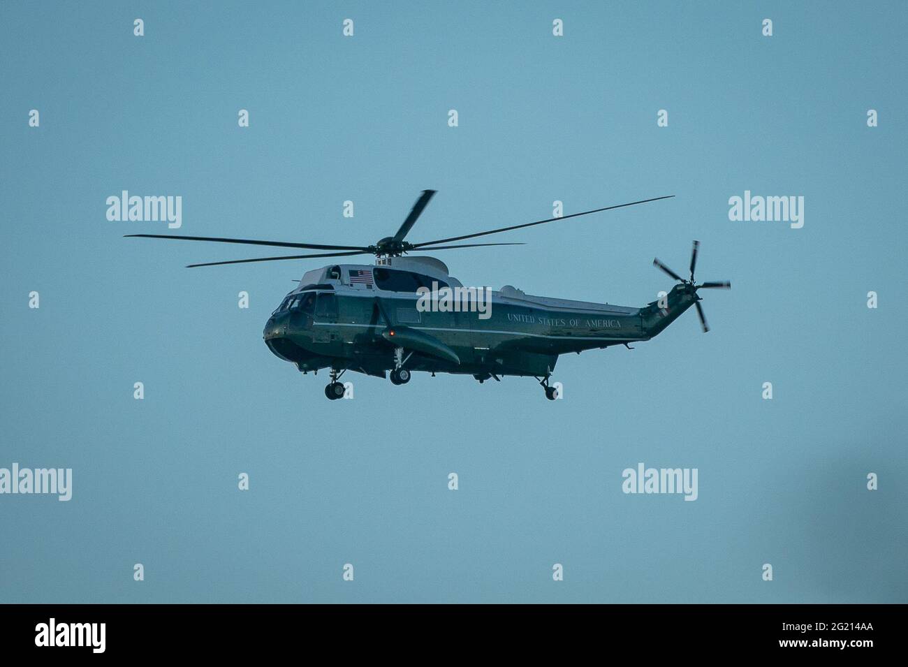 A United States of America Sikorsky SH-3 Sea King helicopter flies over St Ives, Cornwall, ahead of the G7 summit. Picture date: Monday June 7, 2021. Stock Photo