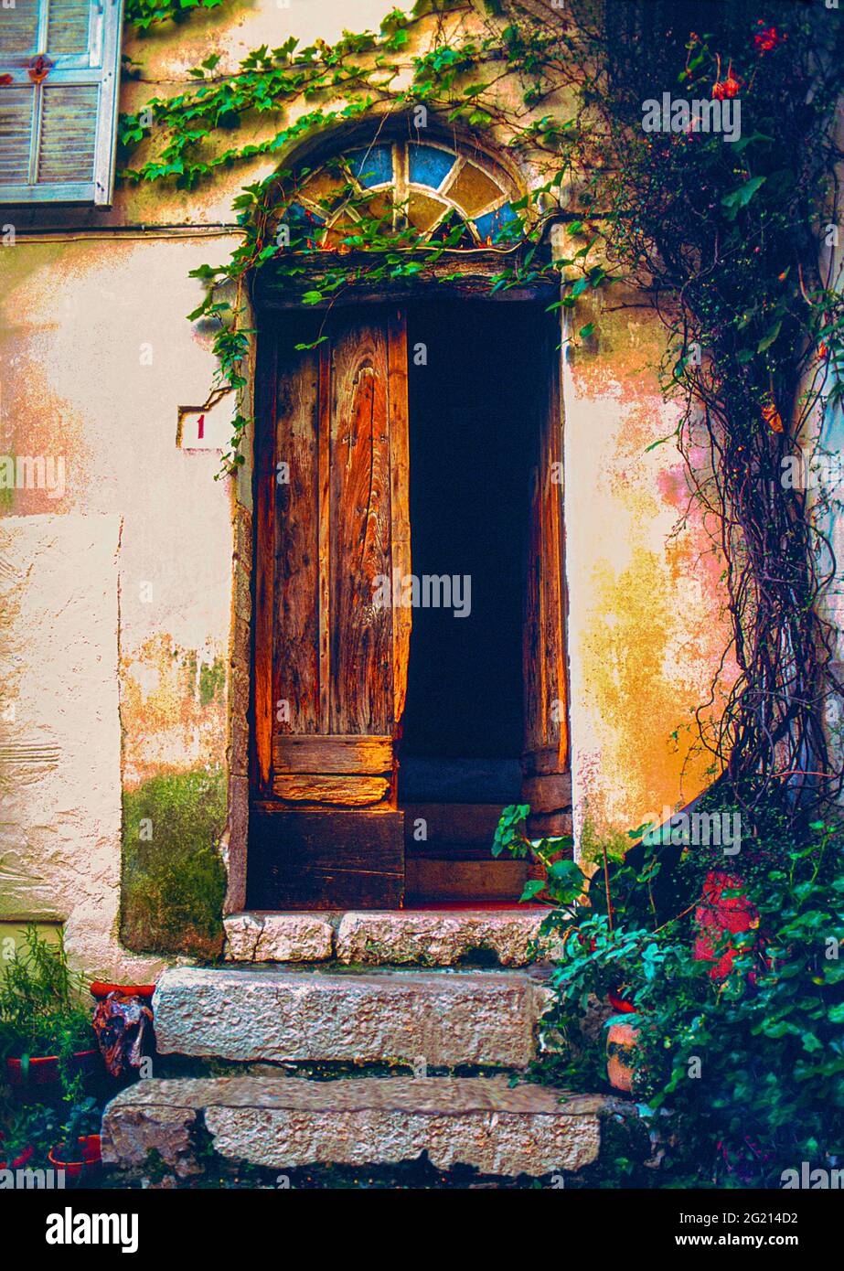 Image of a Medieval Door in the center of the old village of La Turbie, France Stock Photo