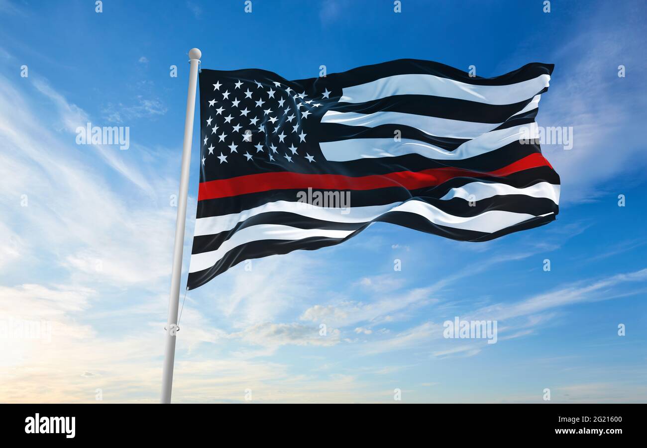 Thin Red Line. Black Flag of USA with Firefighter red Line waving in the wind on flagpole against the sky with clouds on sunny day. 3d illustraion. Stock Photo