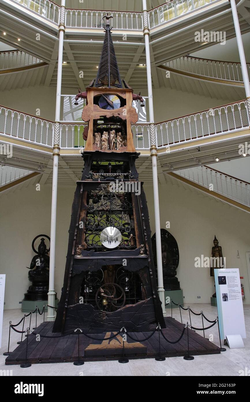 Wood, iron, glass and creativity; The Millenium Clock Tower in the Royal Museum, Edinburgh. Stock Photo