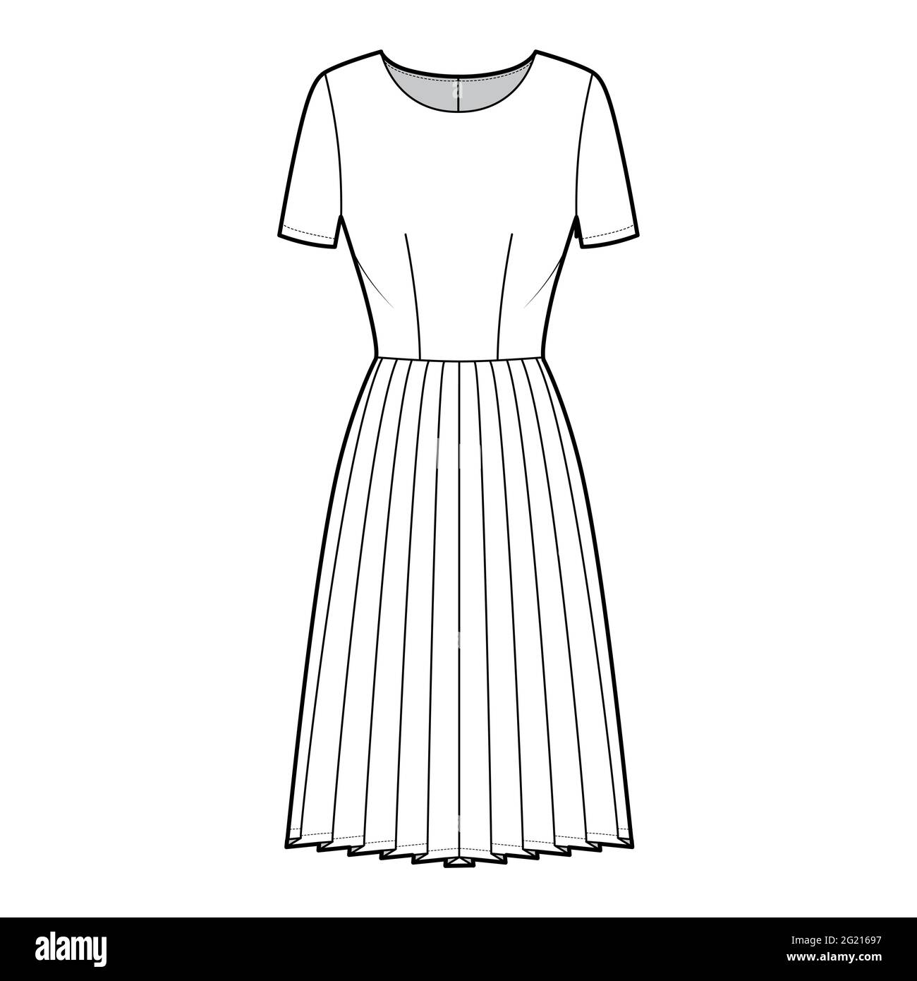Dress pleated technical fashion illustration with short sleeves, fitted body, knee length skirt. Flat apparel front, white color style. Women, men unisex CAD mockup Stock Vector
