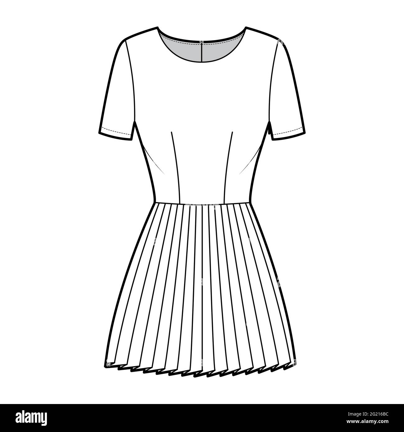 Dress pleated technical fashion illustration with short sleeves, fitted ...