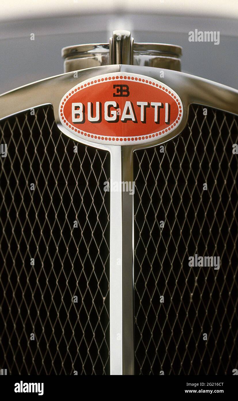Bugatti radiator badge on the Bugatti Type 57 SC Atlantic 1938. Part of the Ralph Lauren collection. Stock Photo