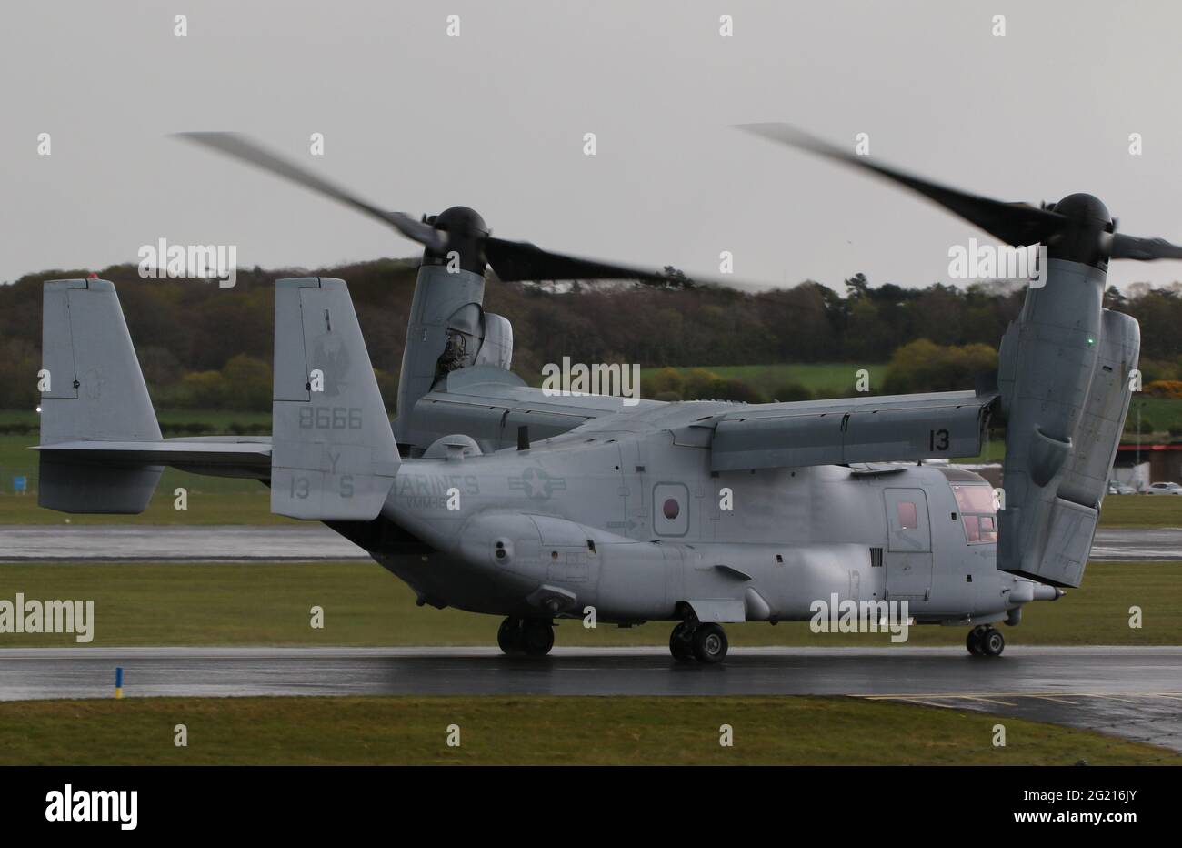 168666, a Bell Boeing MV-22B Osprey operated by the United States Marine Corps, departing from Prestwick International Airport in Ayrshire, Scotland. Stock Photo