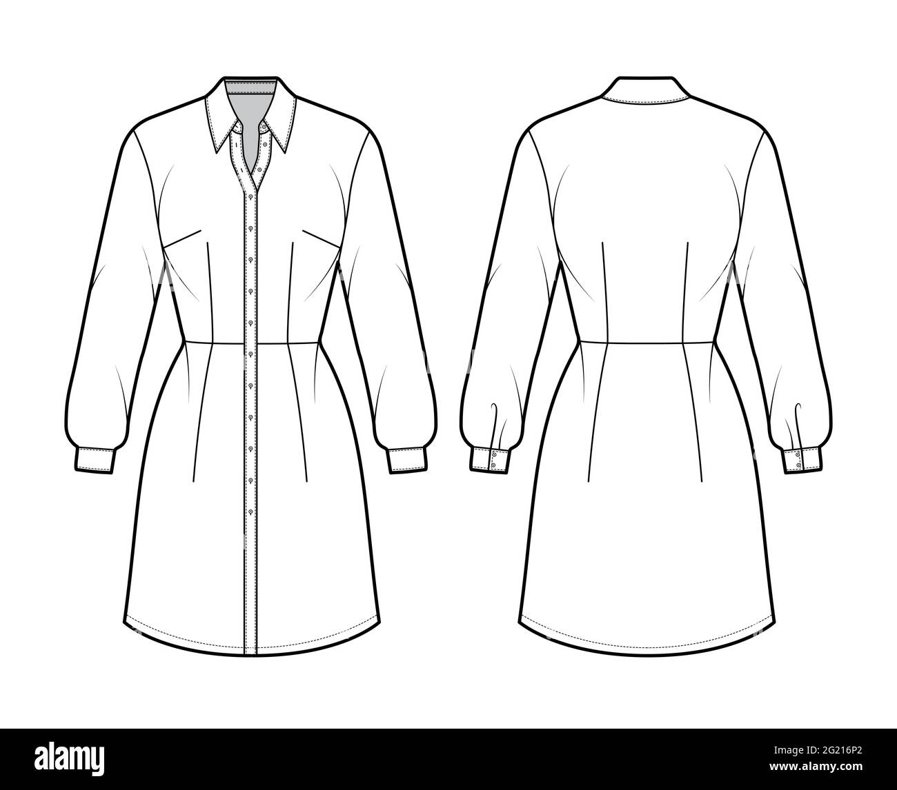Dress shirt technical fashion illustration with long sleeves, fitted, knee length pencil skirt, classic collar, button closure. Flat apparel front, back, white color style. Women men unisex CAD mockup Stock Vector