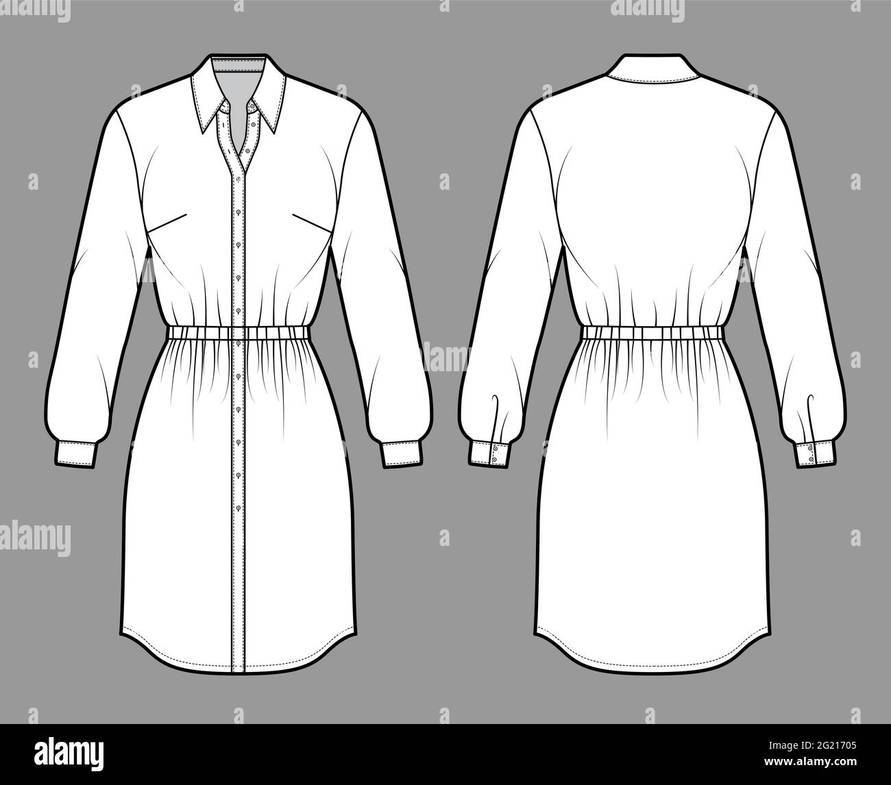 Dress shirt technical fashion illustration with gathered waist, long sleeves, fitted, pencil skirt, collar, button closure. Flat apparel front, back, white color style. Women, men unisex CAD mockup Stock Vector