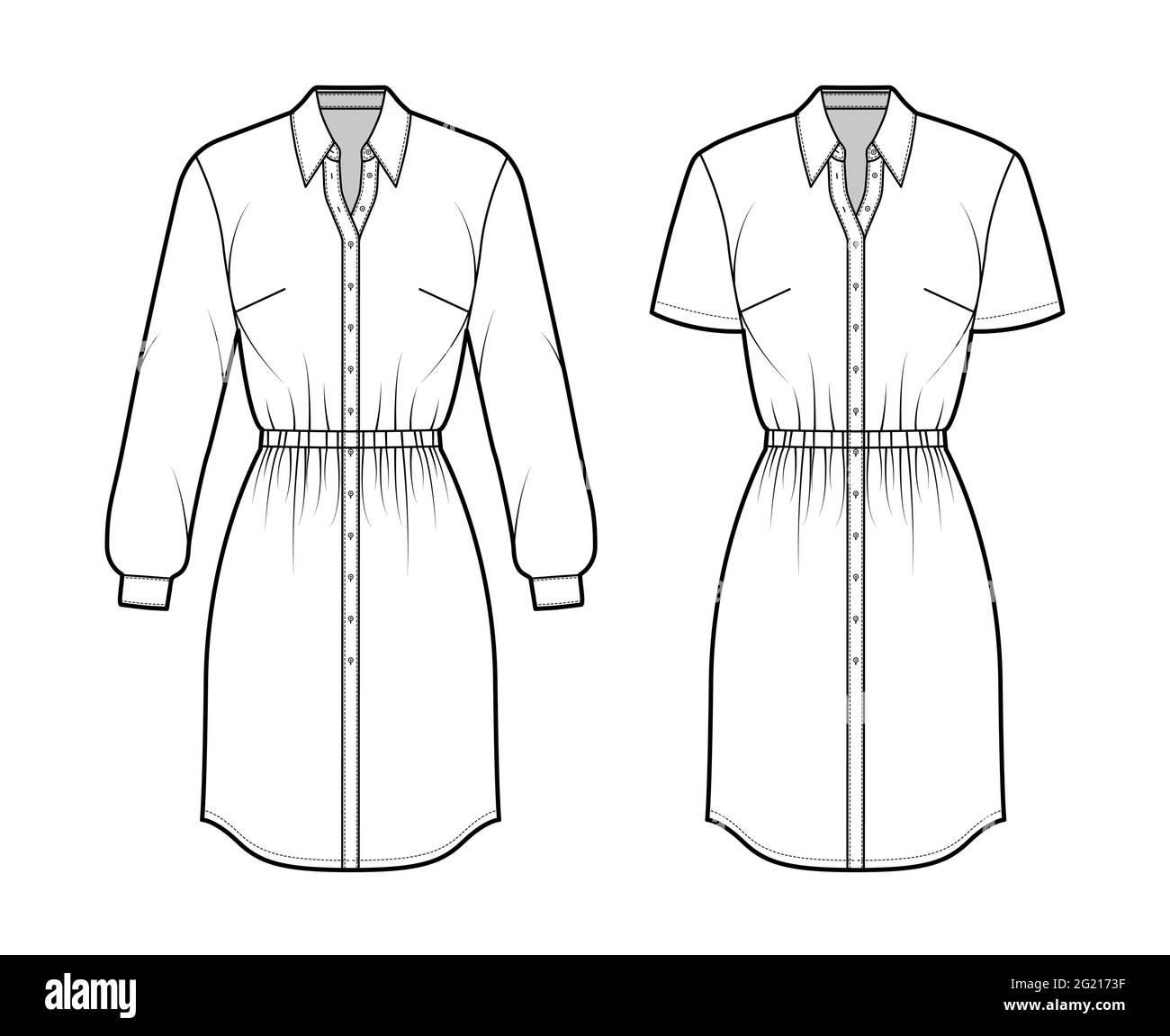 Set of Dresses shirt technical fashion illustration with gathered waist, long short sleeves, knee length skirt, classic collar, button closure. Flat apparel front, white color. Women, men CAD mockup Stock Vector