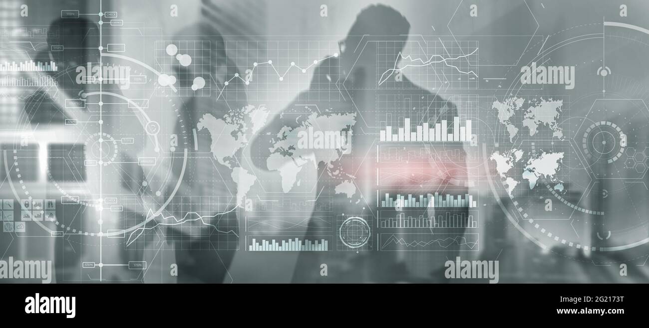 Diverse business team in city digital interface. Intelligence control panel. Stock Photo