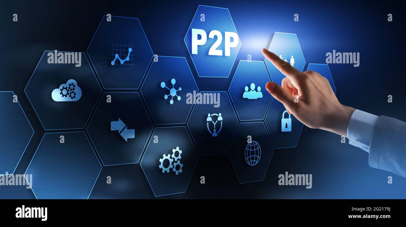 Businessman presses button p2p peer-to-peer on virtual interface. Stock Photo