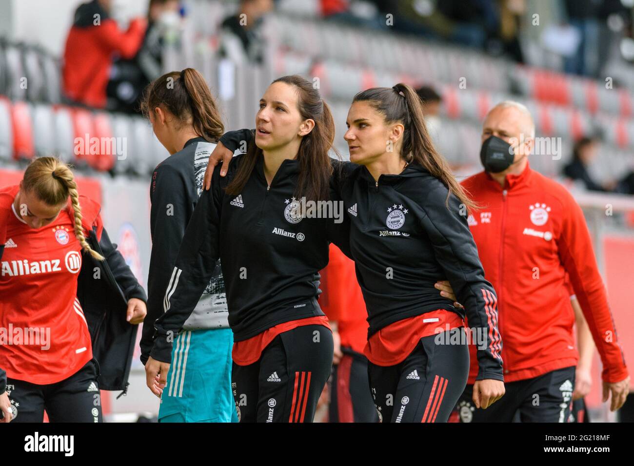 Munich, Germany. 06th June, 2021. Ivana Rudelic (15 FC Bayern Munich) and  Jovana Damnjanovic (9 FC Bayern Munich) during the Frauen Bundesliga match  between FC Bayern Munich and Eintracht Frankfurt at FC