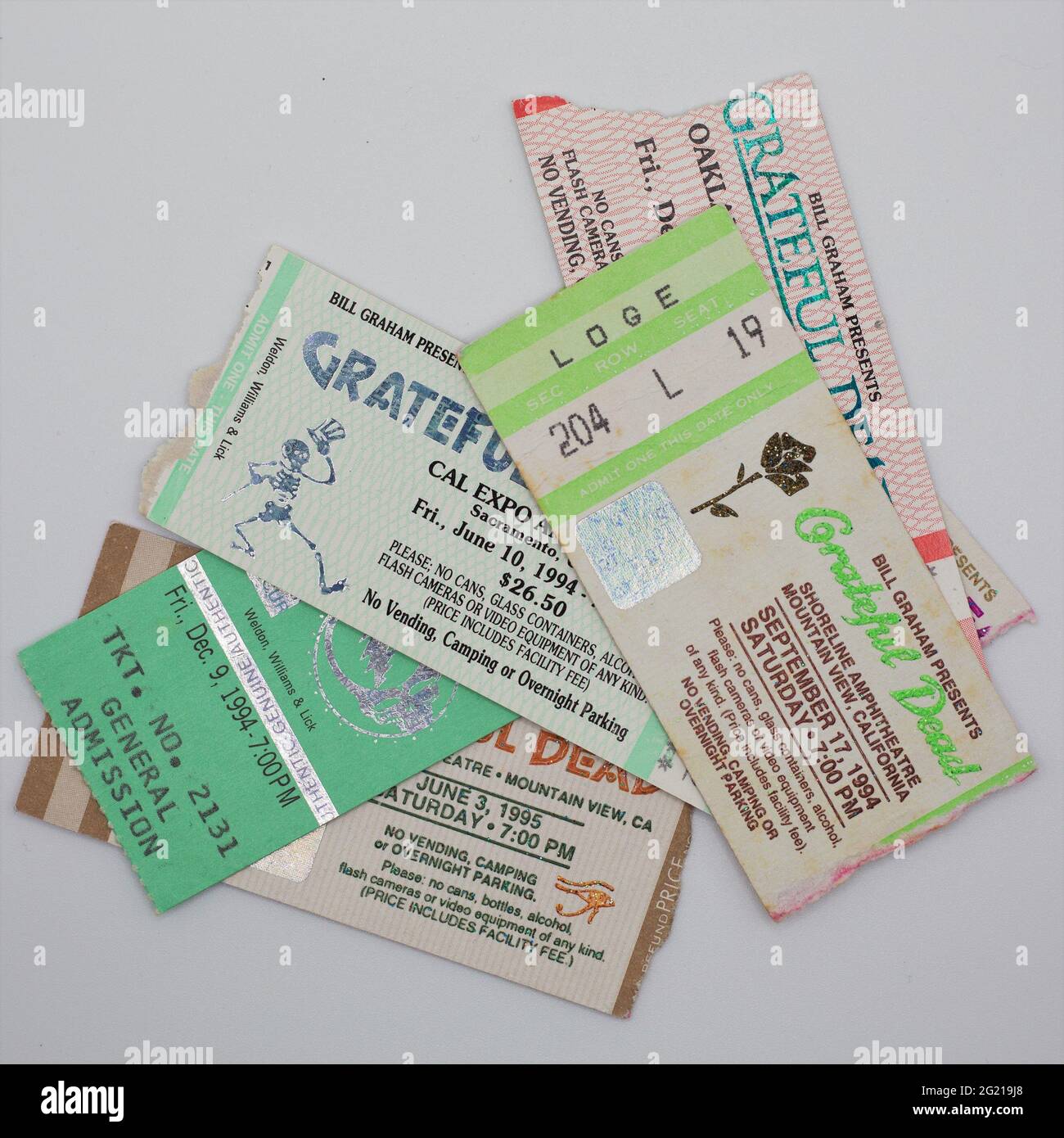A pile of Grateful Dead ticket stubs from the 1990s. Stock Photo