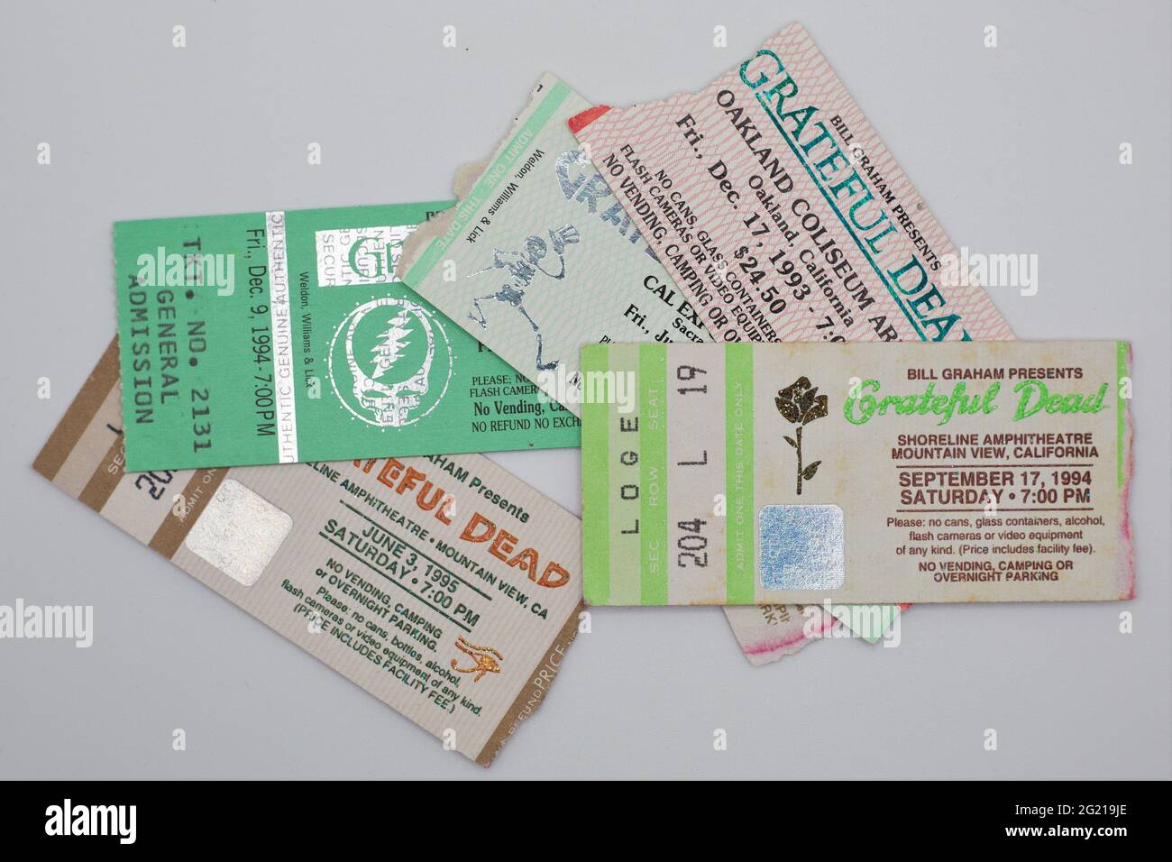 A pile of Grateful Dead ticket stubs from the 1990s. Stock Photo