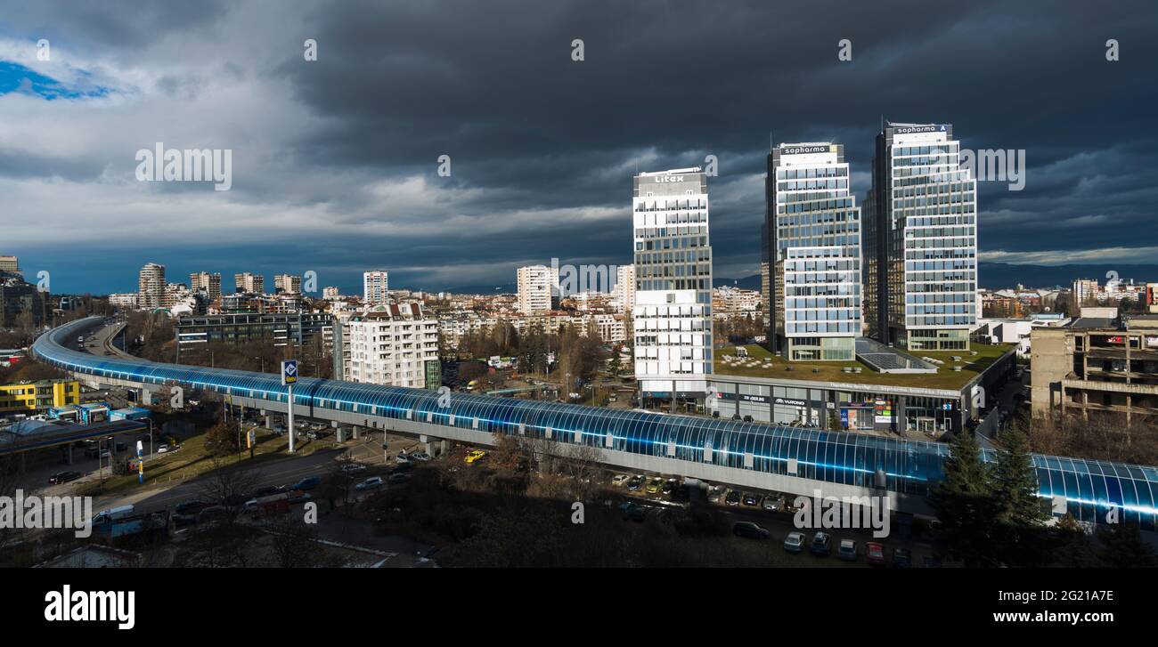 Panoramic city scape from Sofia, Bulgaria in cloudy weather and with