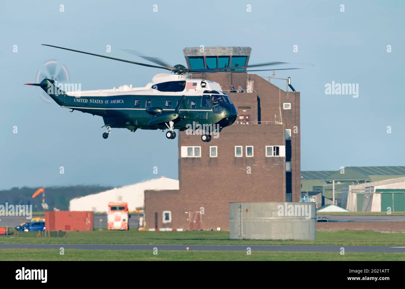 RNAS Culdrose, Helston, Cornwall, UK.. 07th June, 2021. USMC Sikorsky VH-3D Sea King 'Marine 1' departing RNAS Culdrose during G7 preperations Credit: Bob Sharples/Alamy Live News Stock Photo