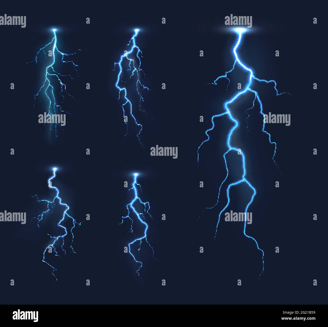 Lightning thunderbolts, thunderstorm bolt vector light effects. Rainstorm electric discharge, lightning strike or energy flash with bright, glowing bl Stock Vector