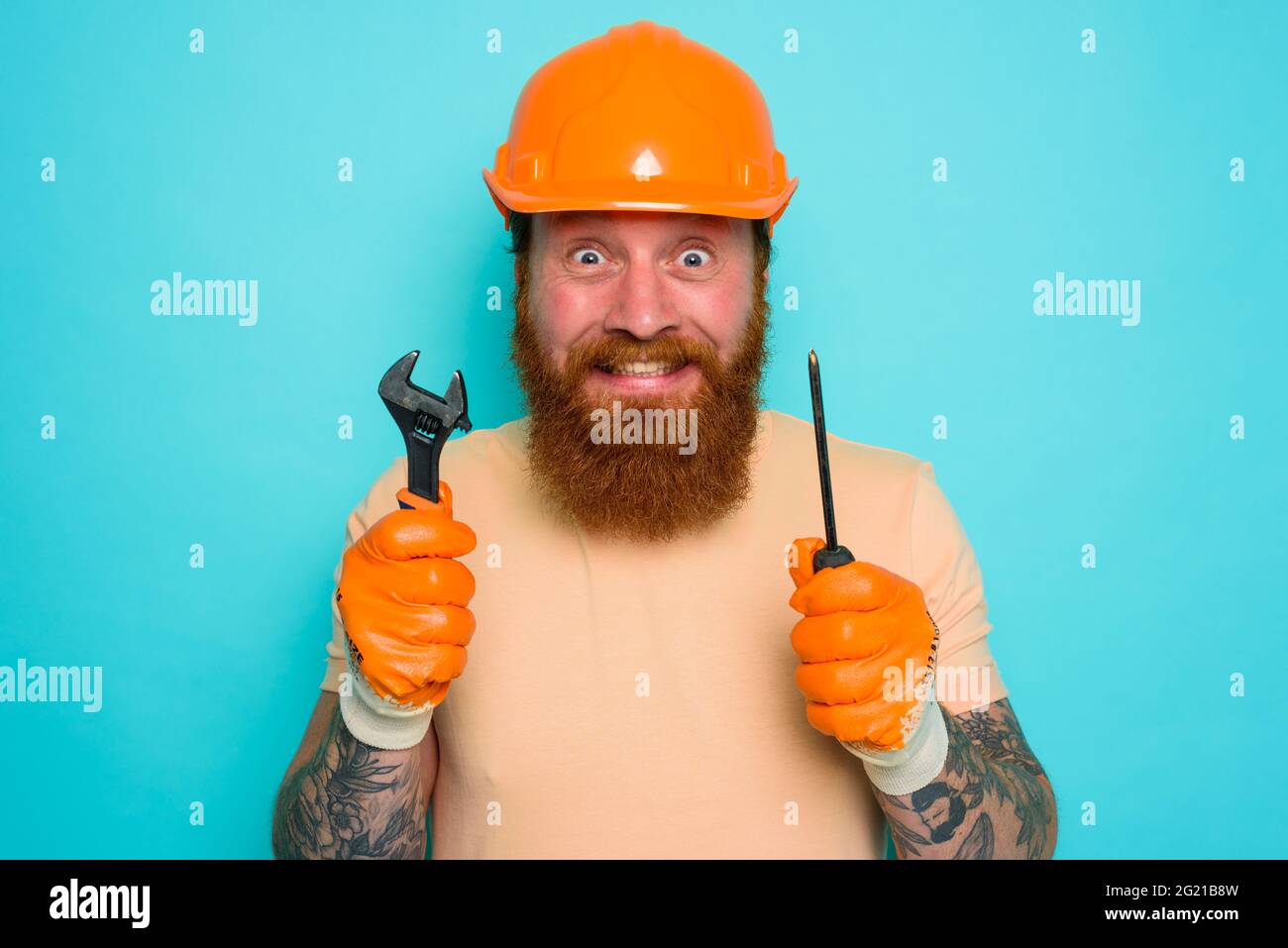 Incompetent worker is afraid and worried about his work Stock Photo
