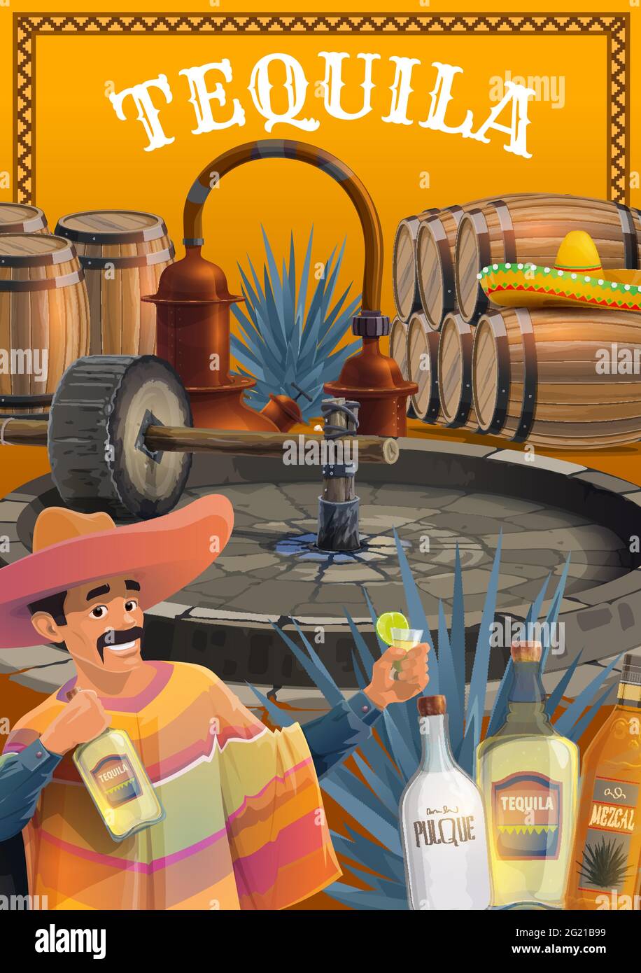 Mexican tequila drink production. Cartoon vector man in sombrero and poncho, drinking tequila with lime, blue agave plant, tahona mill and pot still, Stock Vector