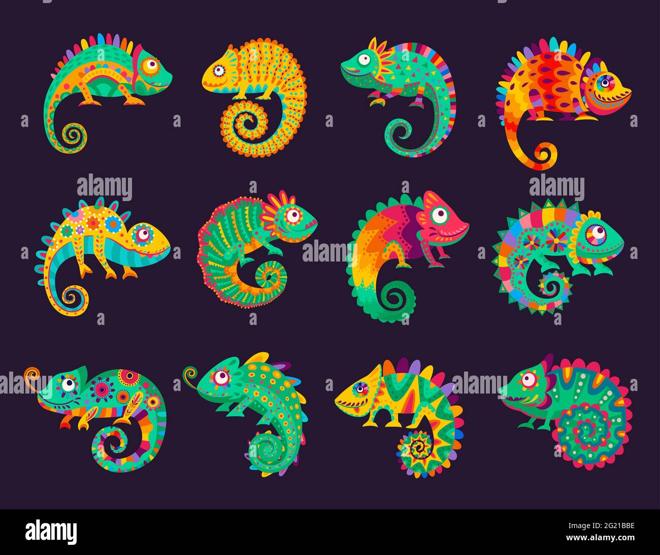 Cartoon mexican chameleons, vector lizards with ornate colorful skin, long curvy tail, tongue and telescopic eyes. Wild animal, pet, exotic tropical r Stock Vector