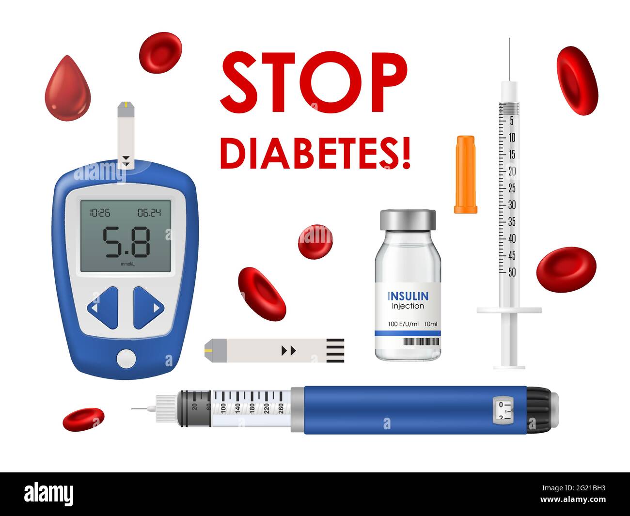 Diabetes disease, insulin and syringe with test strip