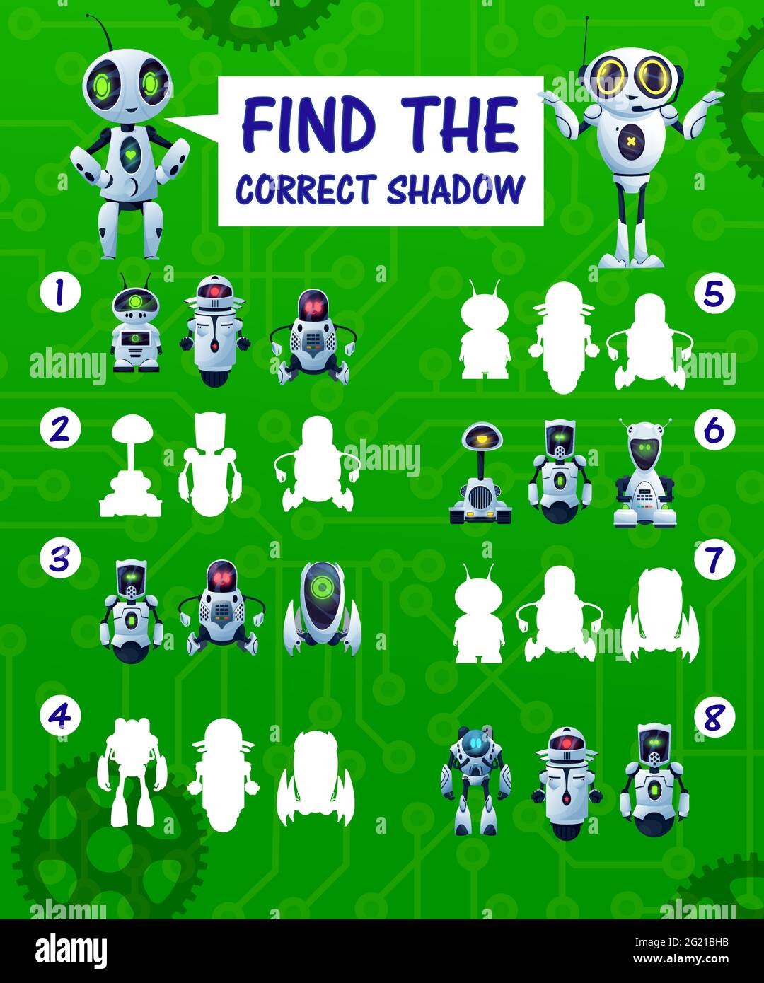 Find the correct robot shadow kids riddle, vector match game with ...