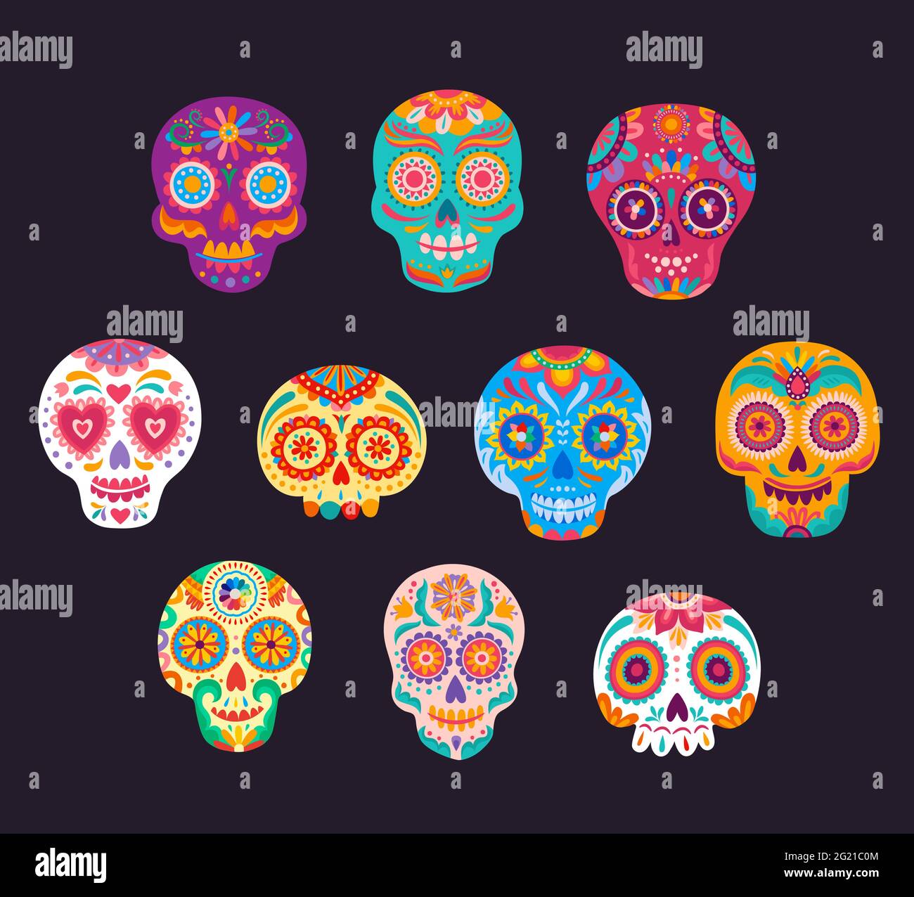 Mexican calavera cartoon sugar skulls vector set. Dia de los muertos ...