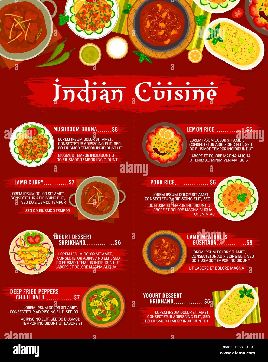 Thiết kế thực đơn nhà hàng Ẩn Độ: Thiết kế thực đơn nhà hàng Ấn Độ sẽ giúp bạn tạo ra một không gian mang đậm chất Á Đông. Cùng với những biểu tượng trang trí truyền thống, bạn có thể kết hợp những gam màu rực rỡ và họa tiết tinh tế để tạo ra một thực đơn đẹp mắt.