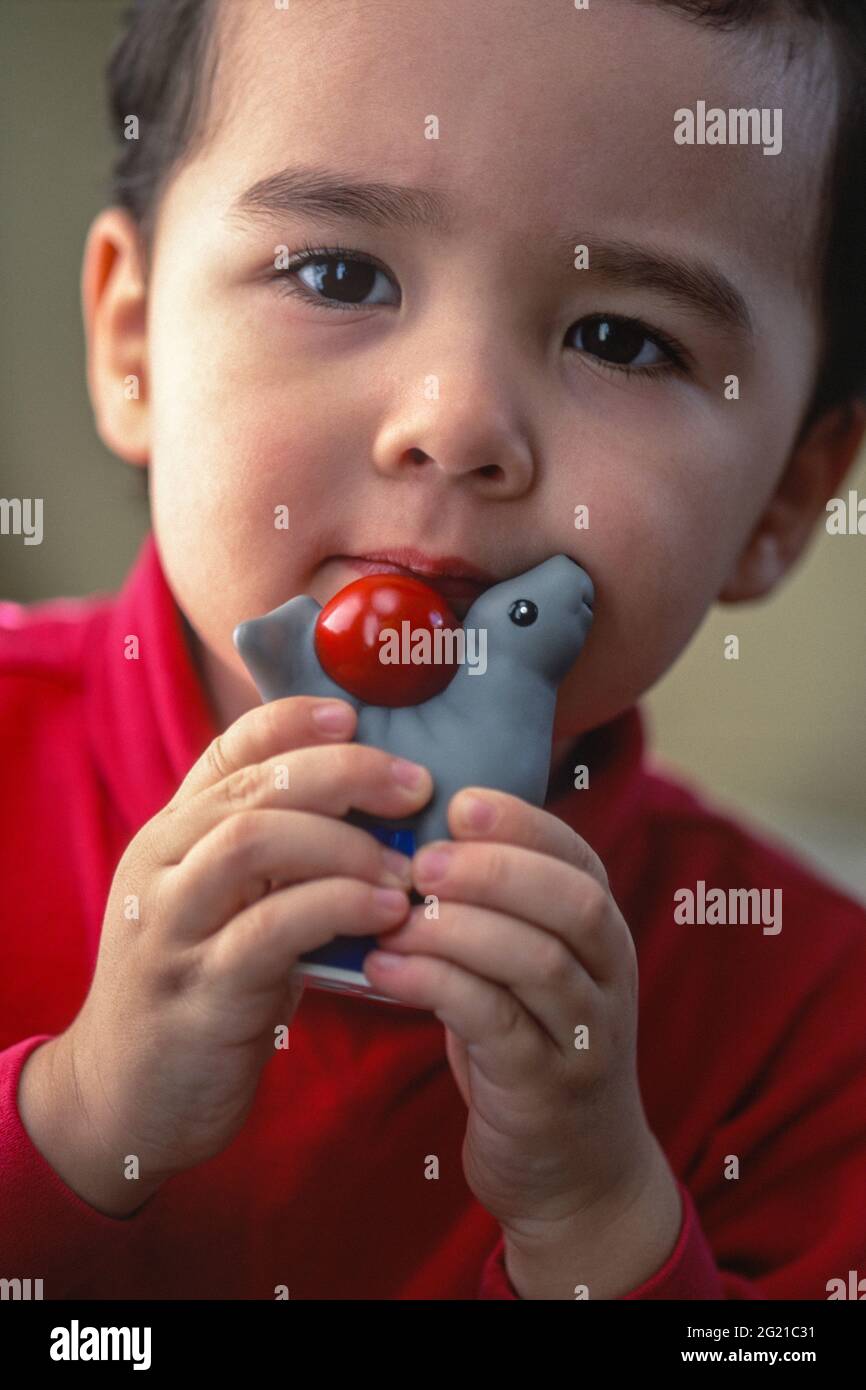 Young boy in red shirt clutching favorite seal toy. Stock Photo