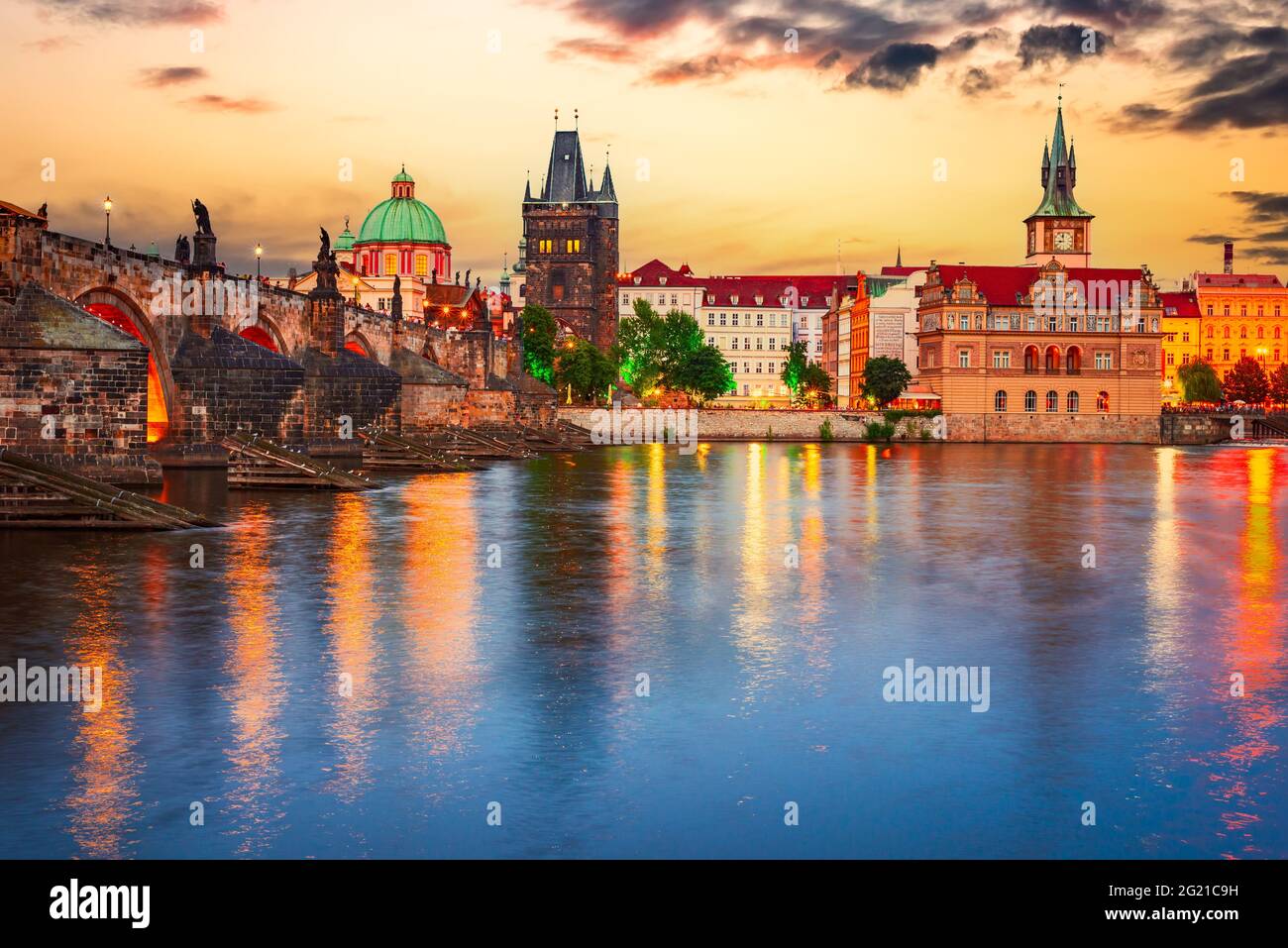 Prague, Czech Republic. Charles Bridge over Vltava River sunset and Stare Mesto, Bohemia famous place in Europe Stock Photo