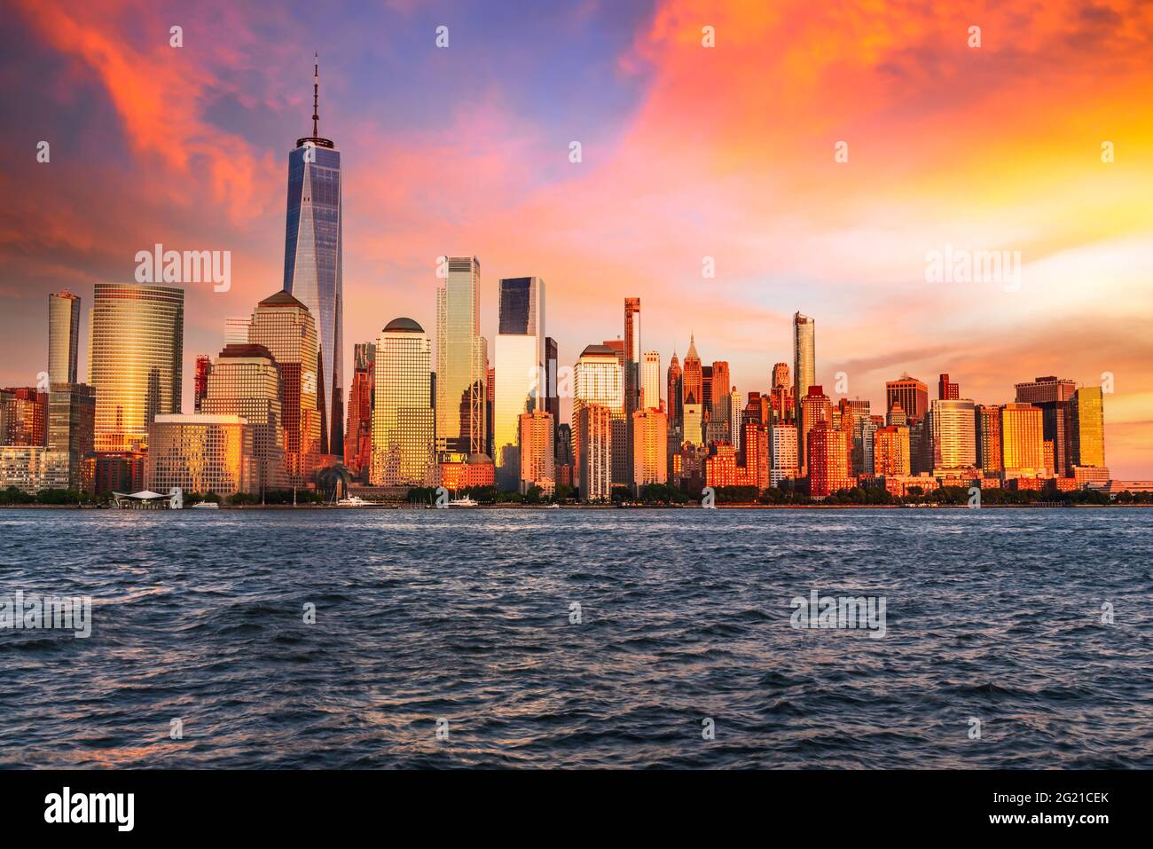 New York, USA. Stunning sunset view of lower Low Manhattan skyline Big Apple, United States of America. Stock Photo