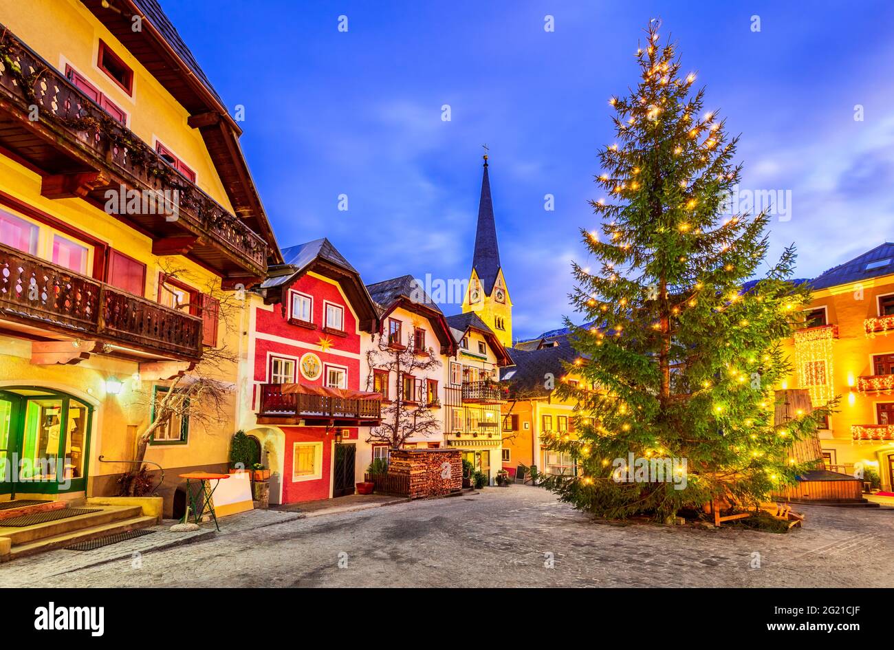 Hallstatt, Austria - Christmas tree in  Marktplatz Hallstatt scenic village in Upper Austria, Austrian Alps. Stock Photo