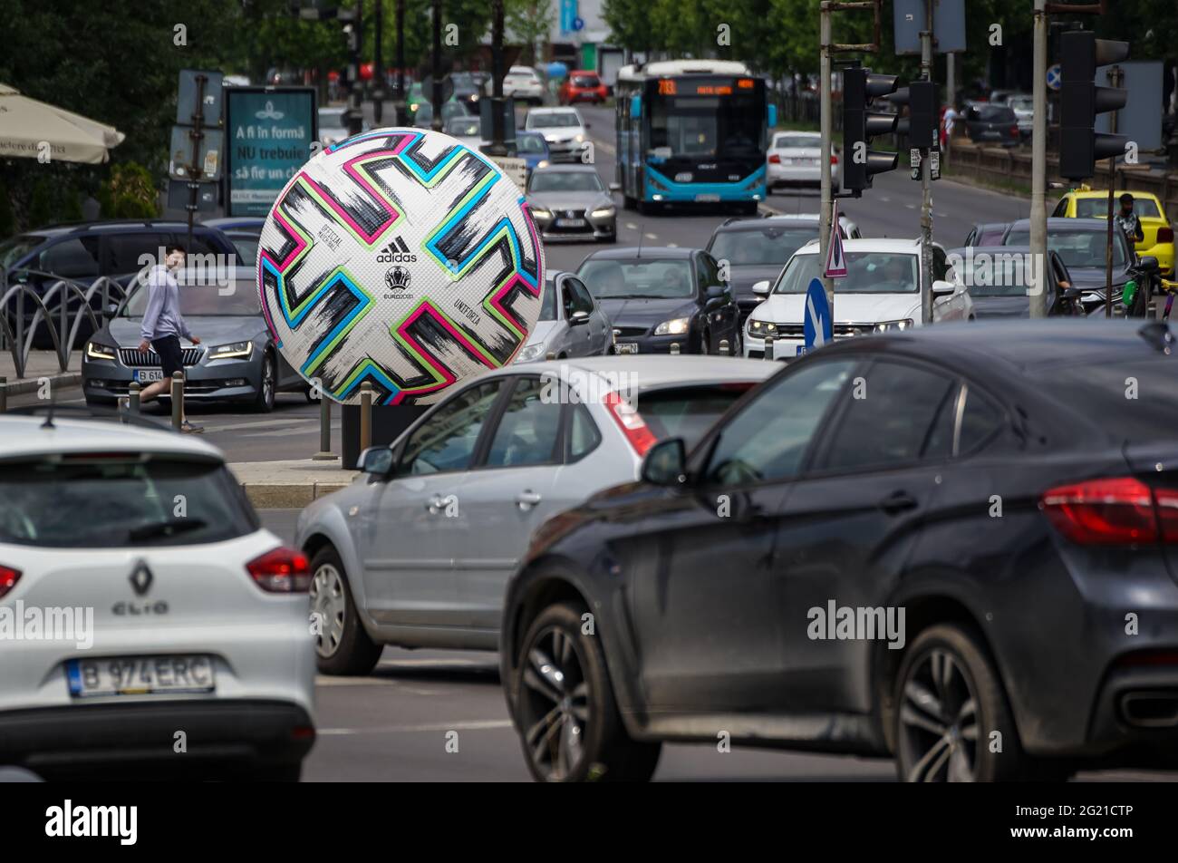 Bucharest, Romania - June 06, 2021: An official giant UEFA EURO 2020 match ball is presented in a large intersection of Bucharest. Stock Photo