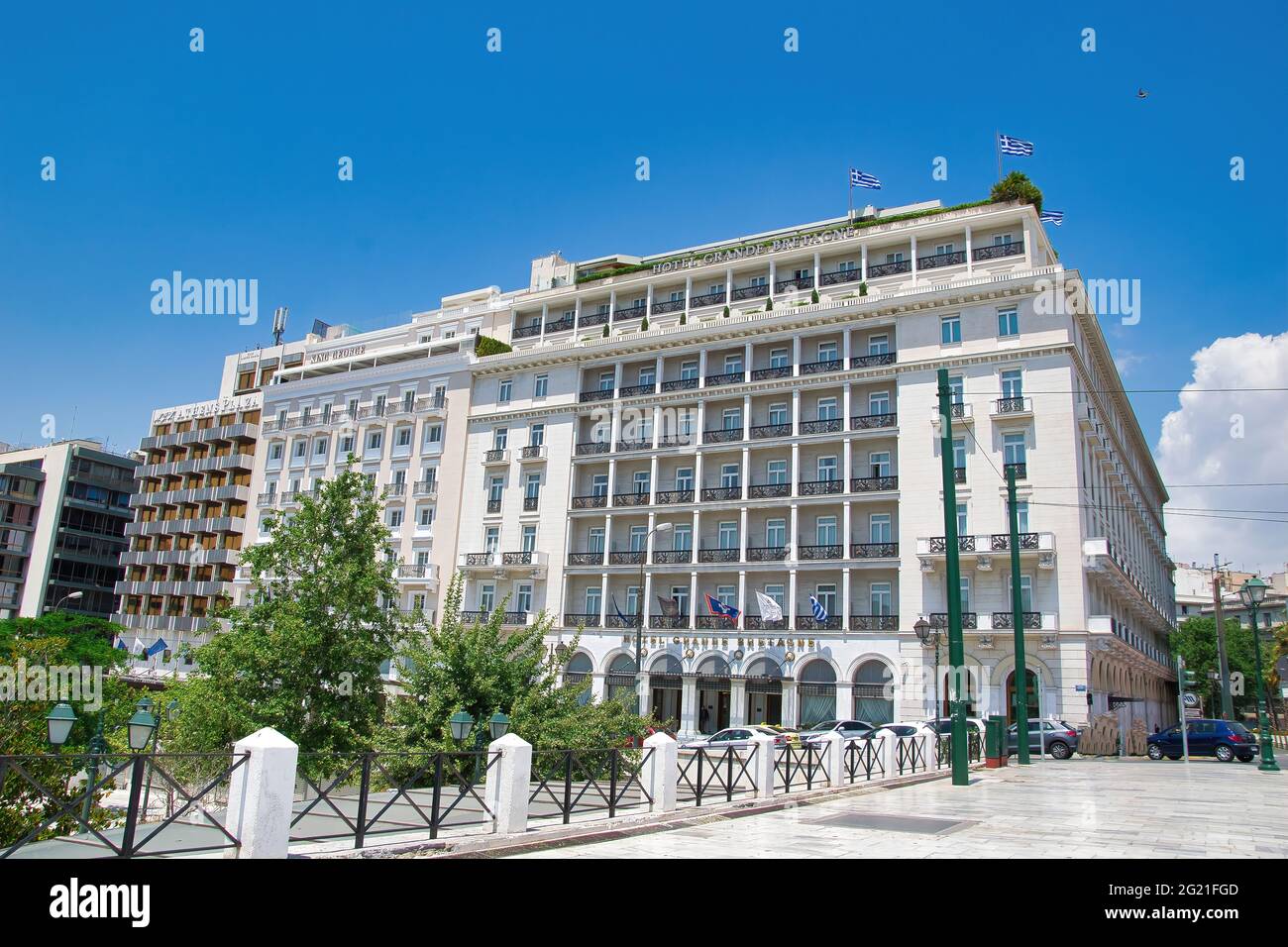 ATHENS, GREECE - May 29, 2021: The historic Grande Bretagne hotel at Syntagma square in Athens on a sunny morning Stock Photo
