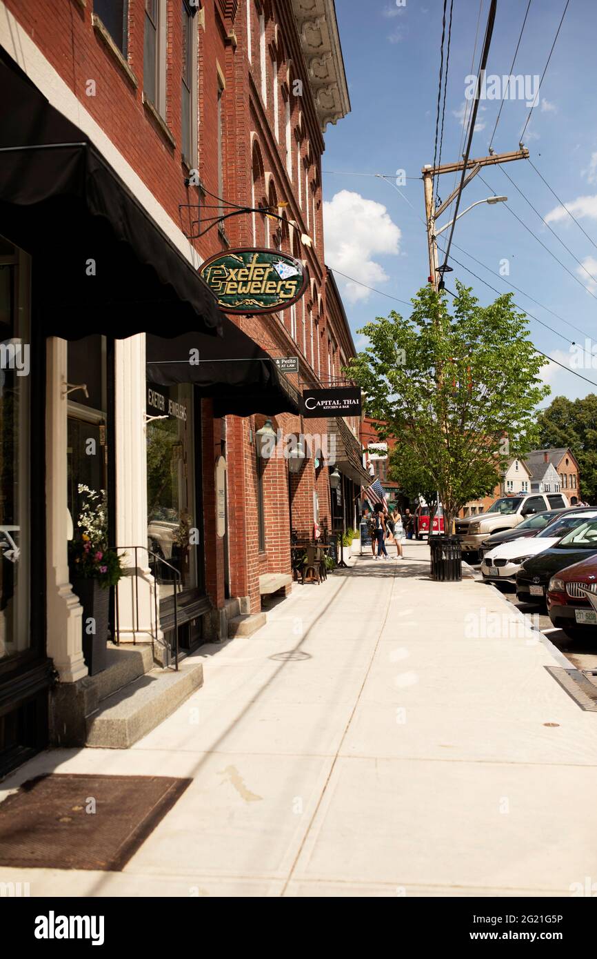 Shops and restaurants on Water Street in the center of Exeter, New Hampshire, USA. Stock Photo