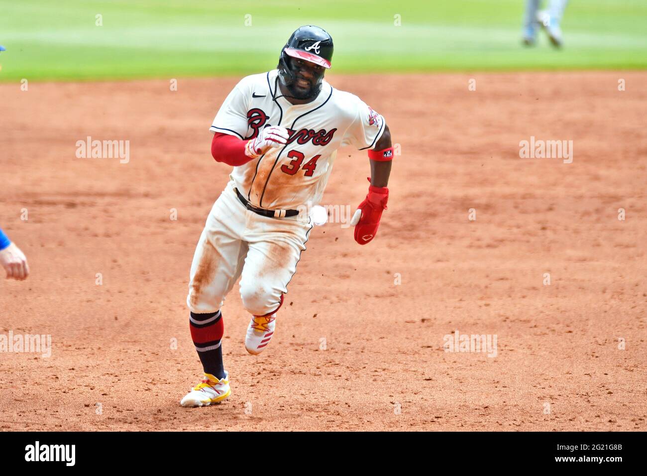 Atlanta, GA, USA. 06th June, 2021. Atlanta Braves outfielder Abraham Almonte runs to third base