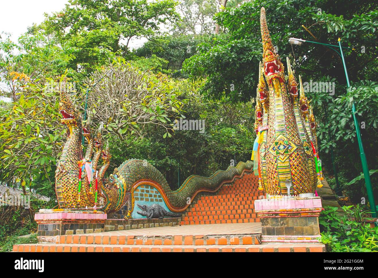 The world famous long Naga stairs 306 steps in Wat Phra That Doi Suthep tempe, Chiang Mai province, Thailand. Stock Photo