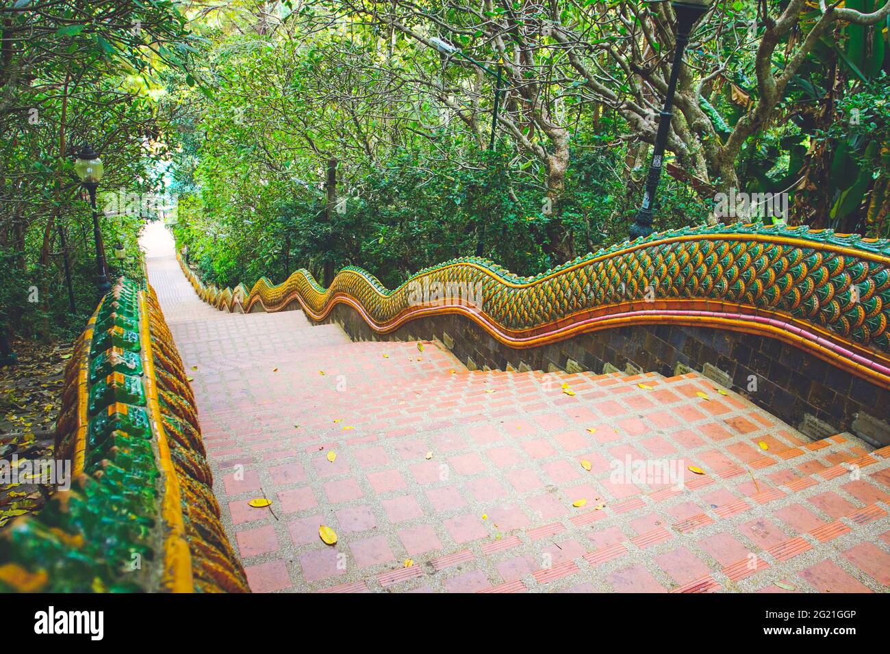 The world famous long Naga stairs 306 steps in Wat Phra That Doi Suthep tempe, Chiang Mai province, Thailand. Stock Photo