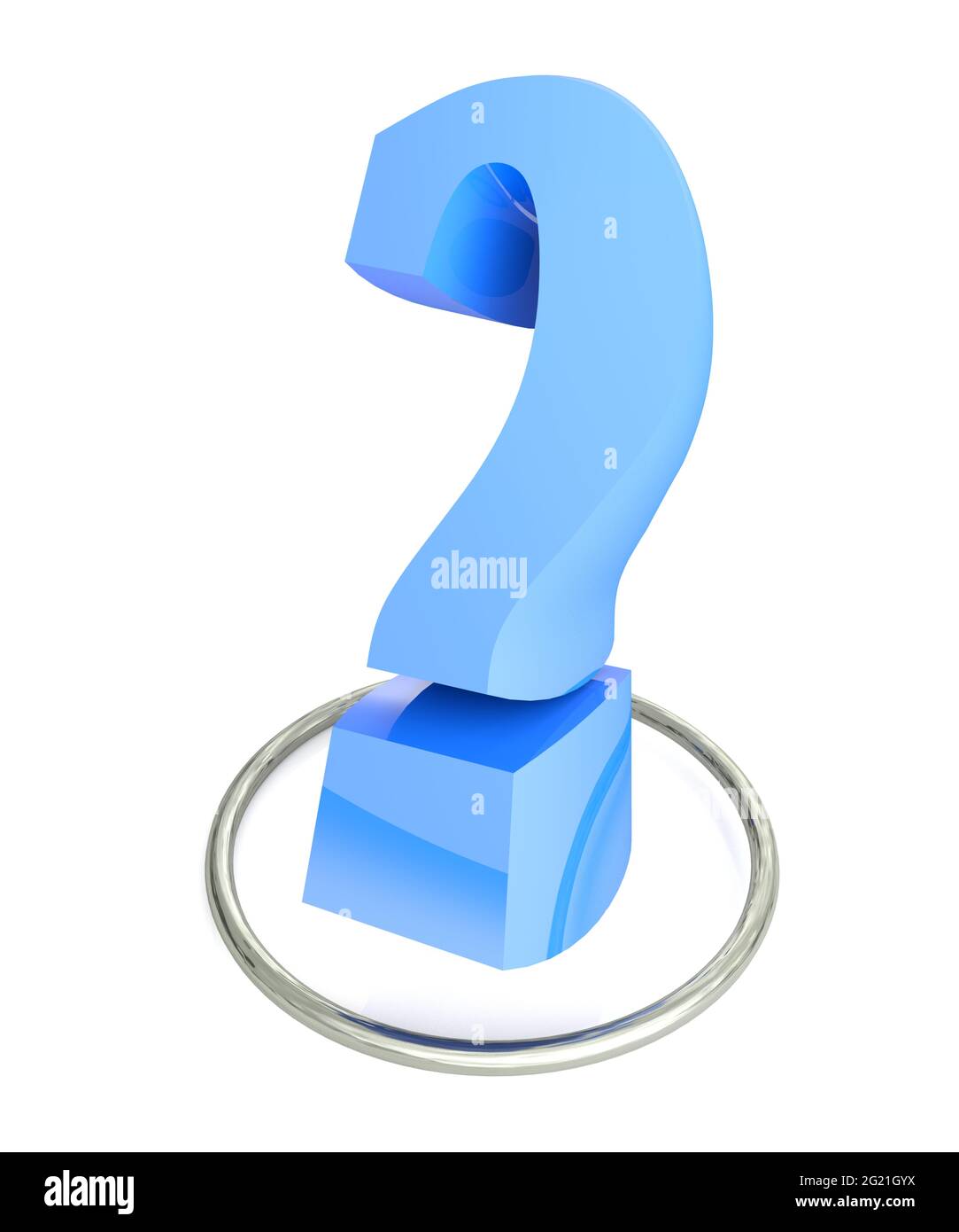 Blue question mark over metallic circole isolated on white background