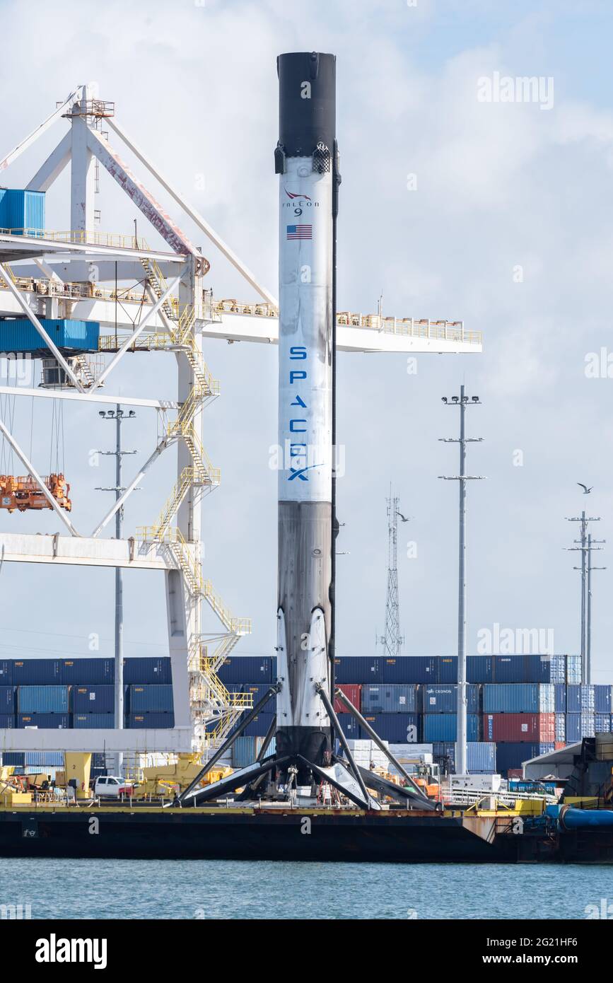 SpaceX Falcon 9 B1067 at Port Canaveral, Florida Stock Photo