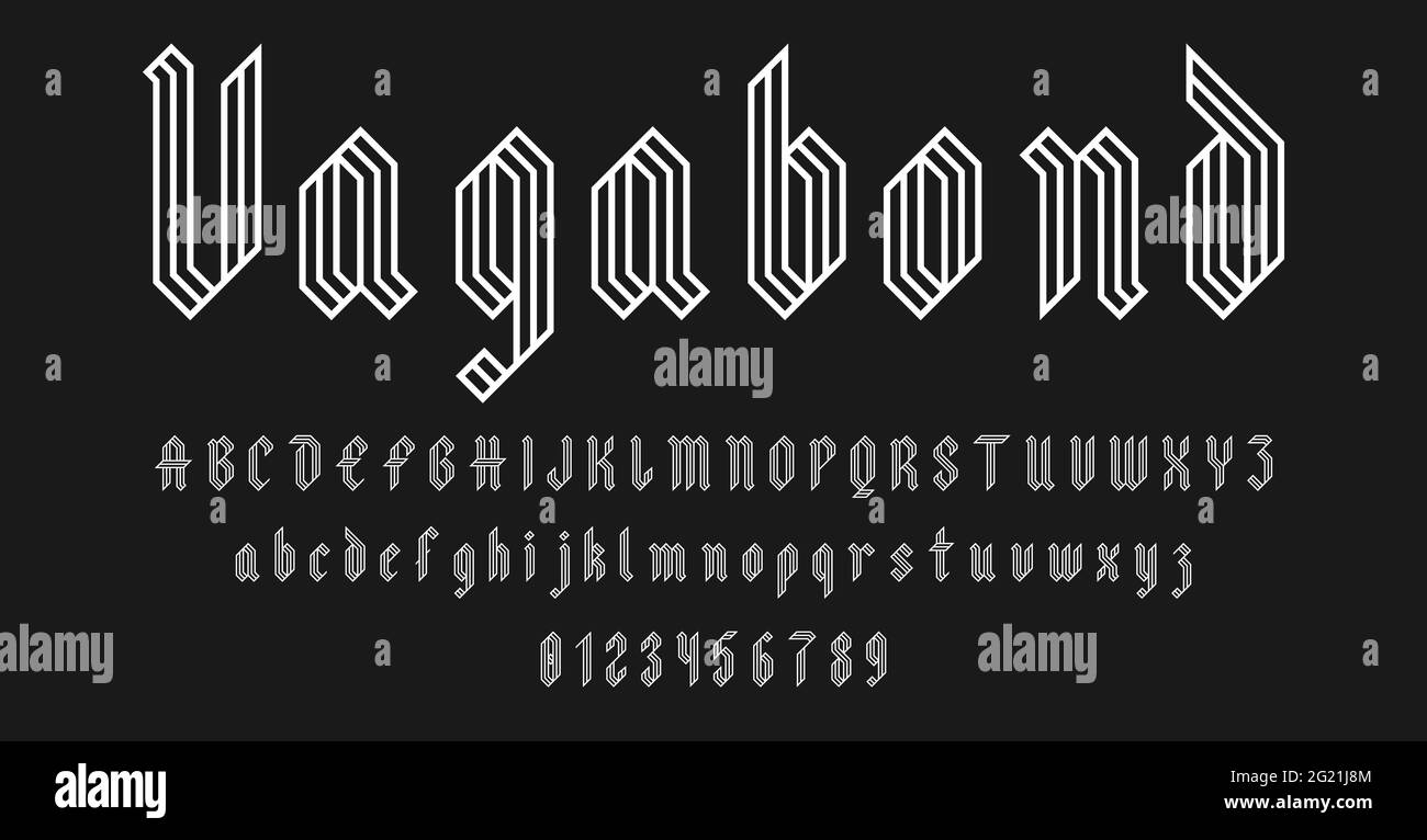 Set of alphabets font letters and numbers antique vintage blackletter concept outline style vector illustration Stock Vector