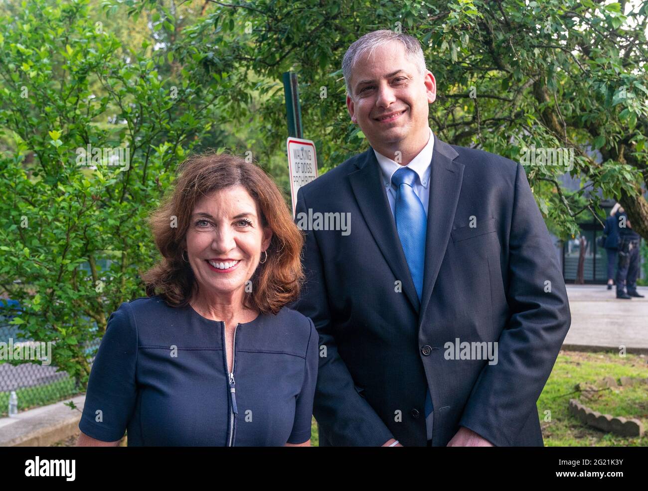 Scarsdale, NY - June 7, 2021: Lieutenant Governor Kathy Hochul and Acting New York Israeli Consul General Israel Nitzan attend Westchester stands united against anti-semitism and hate rally at Jewish Community Center of Mid-Westchester Stock Photo