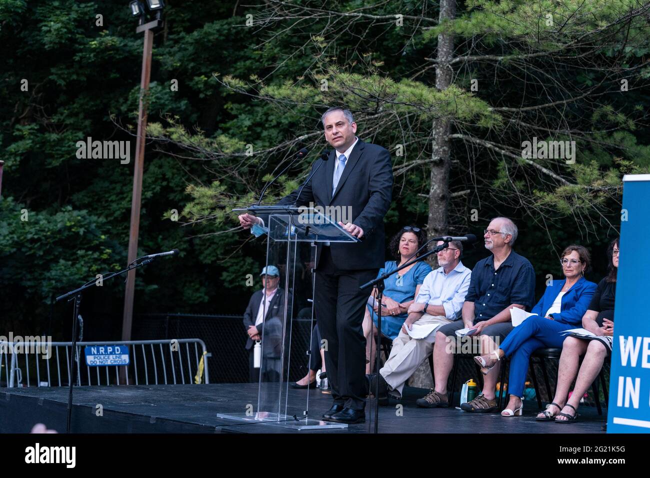 Scarsdale, NY - June 7, 2021: Acting New York Israeli Consul General Israel Nitzan speaks at Westchester stands united against anti-semitism and hate rally at Jewish Community Center of Mid-Westchester Stock Photo