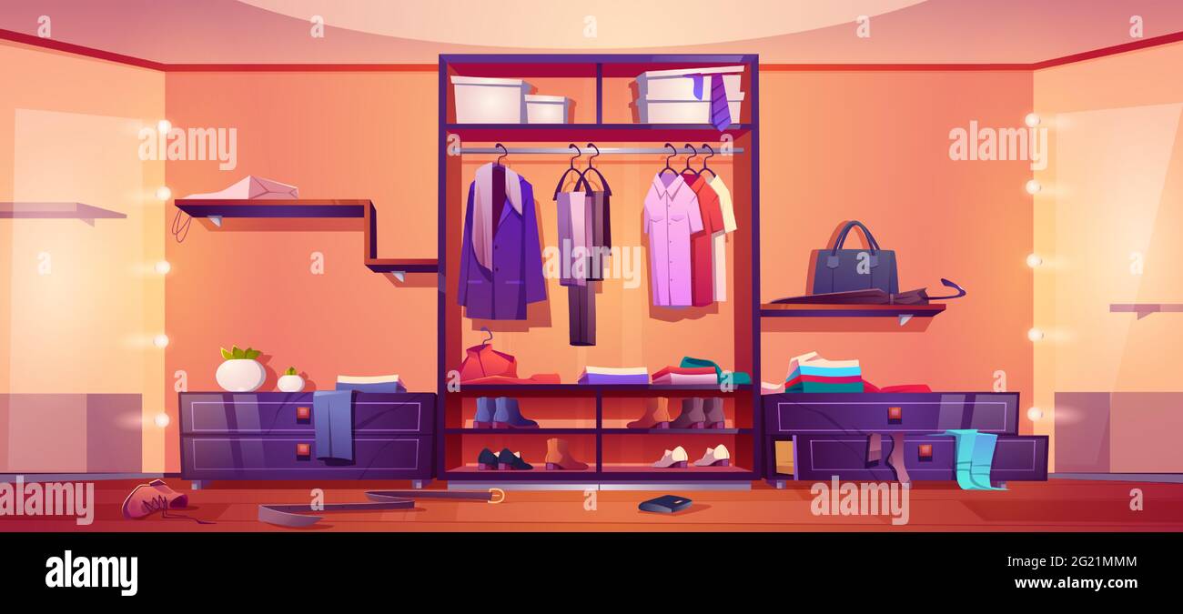 Messy walk-in closet, dressing room interior with scattered male and female clothes, shoes and accessories lying around the floor, stick up of drawers, chaos in wardrobe, Cartoon vector illustration Stock Vector