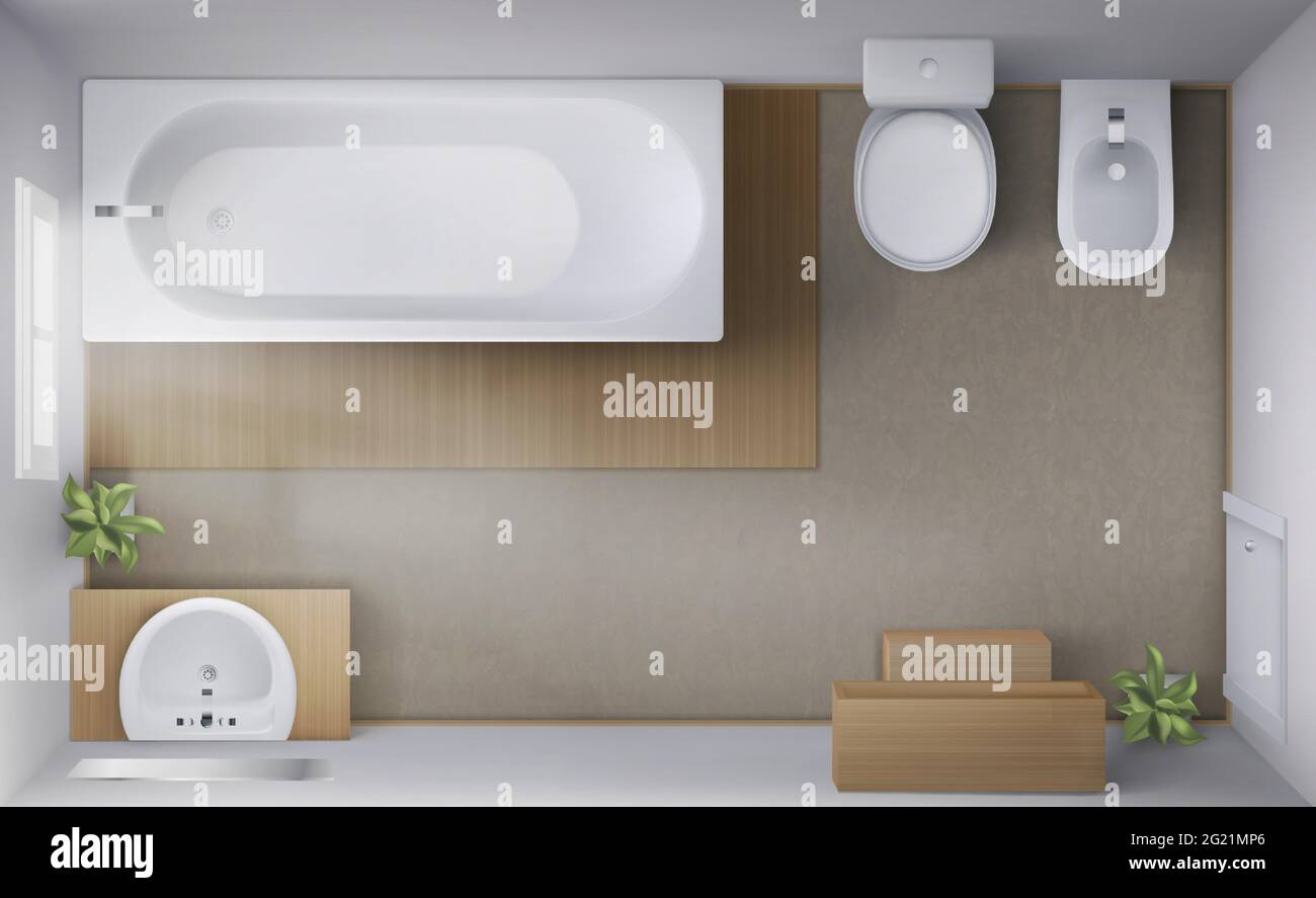 Bathroom interior top view, room with empty bath tub, toilet and bidet  bowls, ceramic sink with